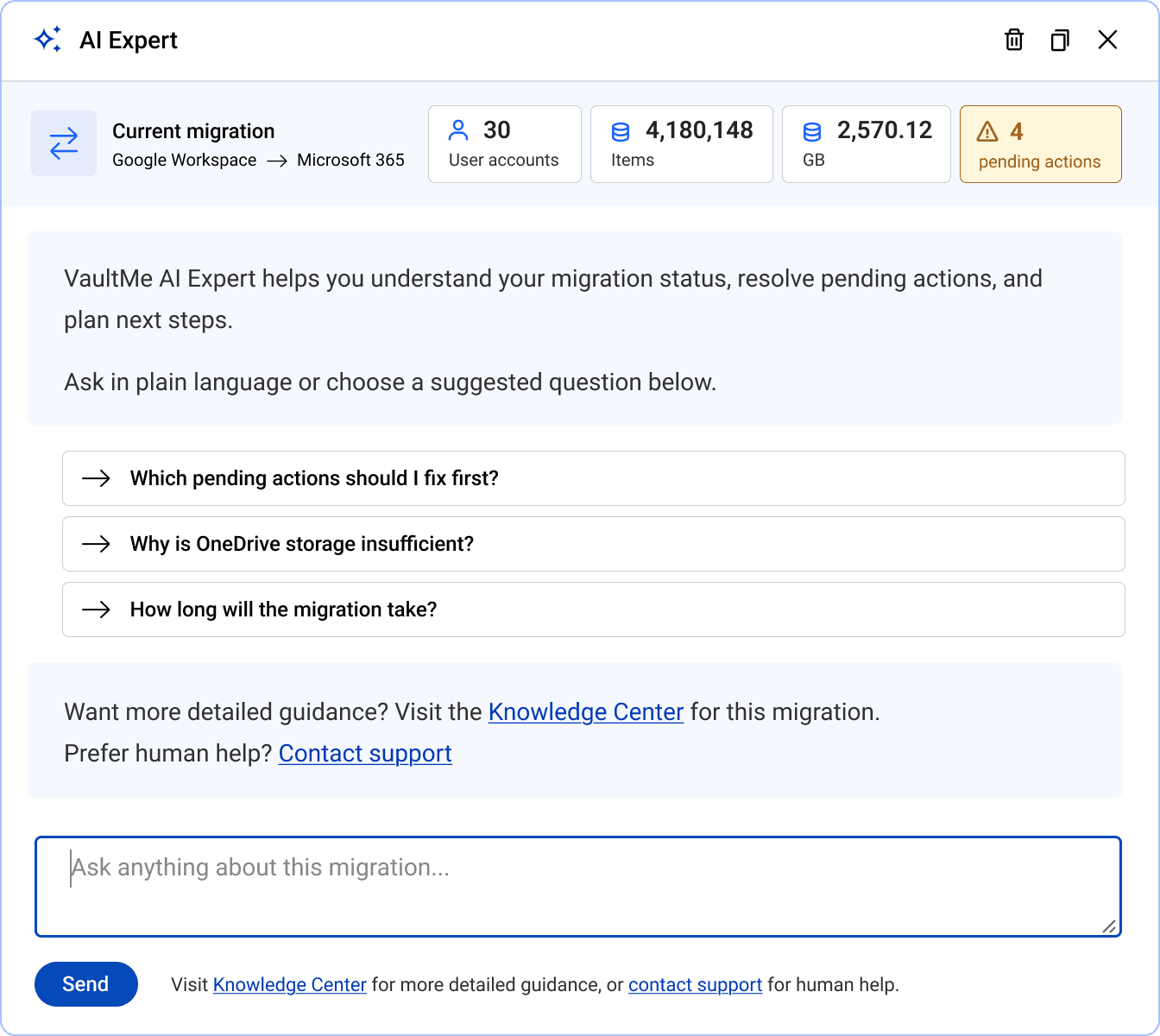 VaultMe AI Expert interface with migration questions and recommendations
