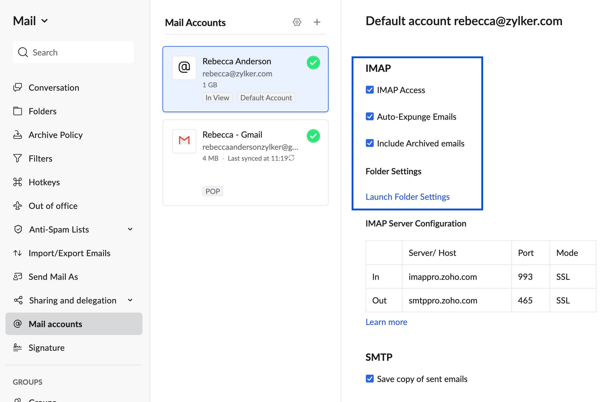 The menu for enabling IMAP in Zoho account