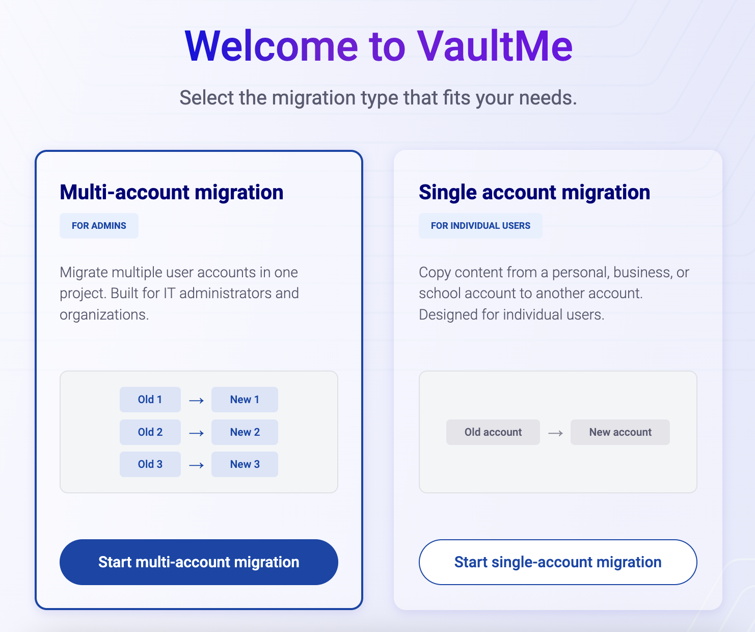 Menu for selecting the migration tool