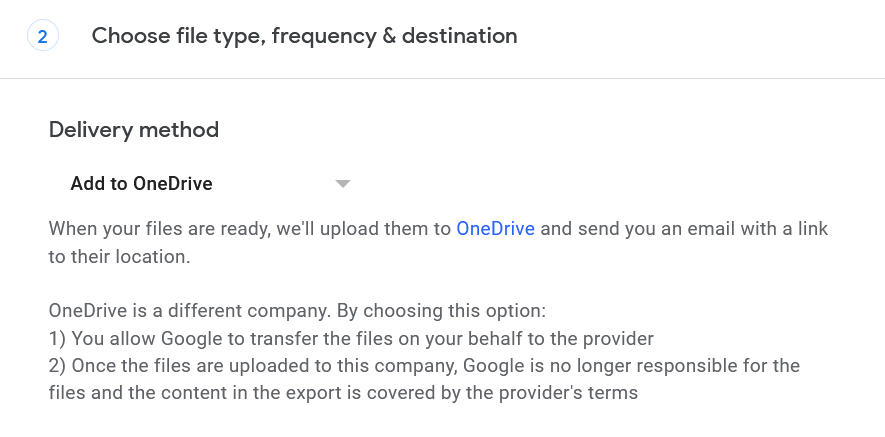 Step 3 of Google Takeout export to OneDrive. The window showing the menu for selecting OneDrive