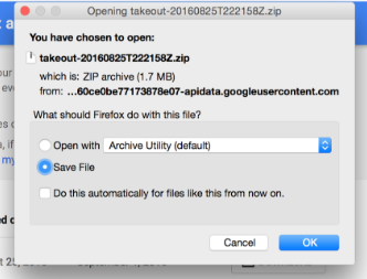 Save Google Takeout zip file to your computer dialog