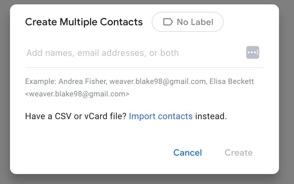The menu for importing contacts in Google Contacts