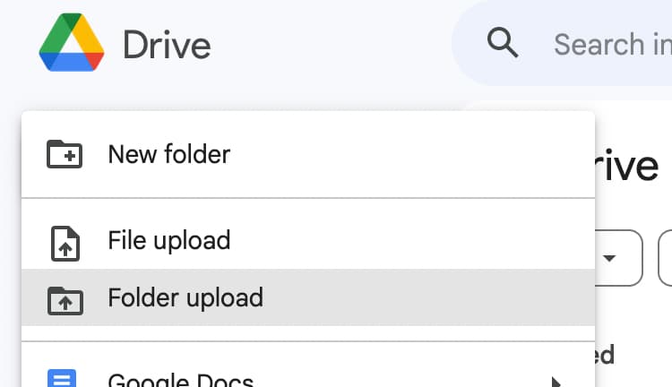 The menu for uploading folders to Google Drive