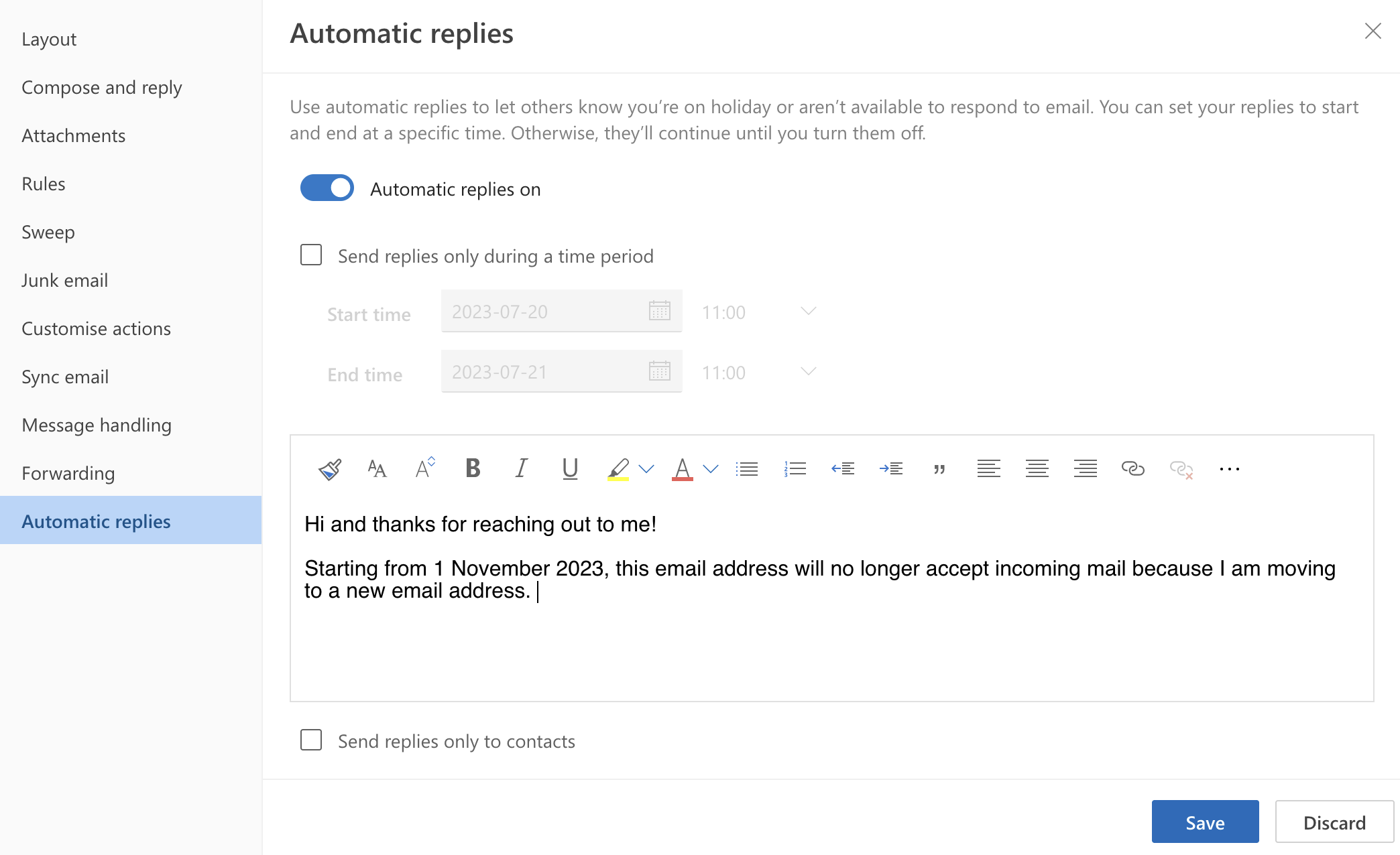 Menu for setting up automatic replies in an Outlook.com account