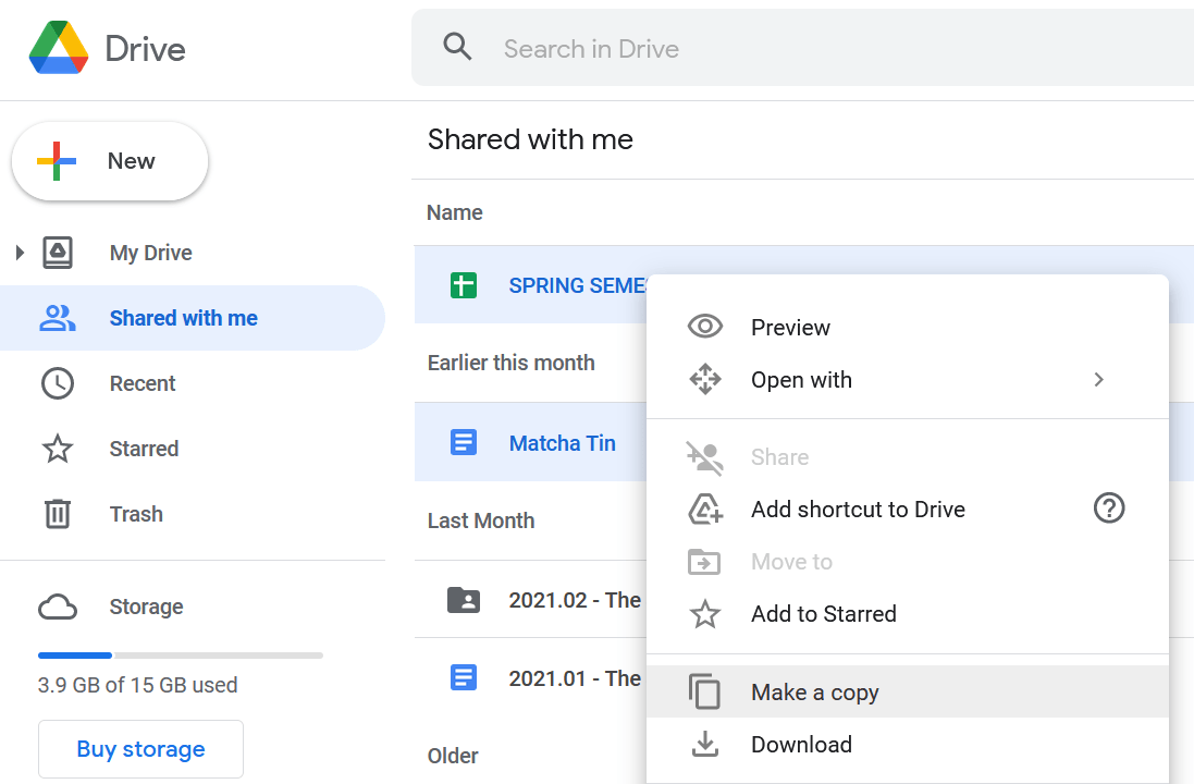 Step 3 of copying shared files to 'My Drive'. The menu for creating a copy in Google Drive