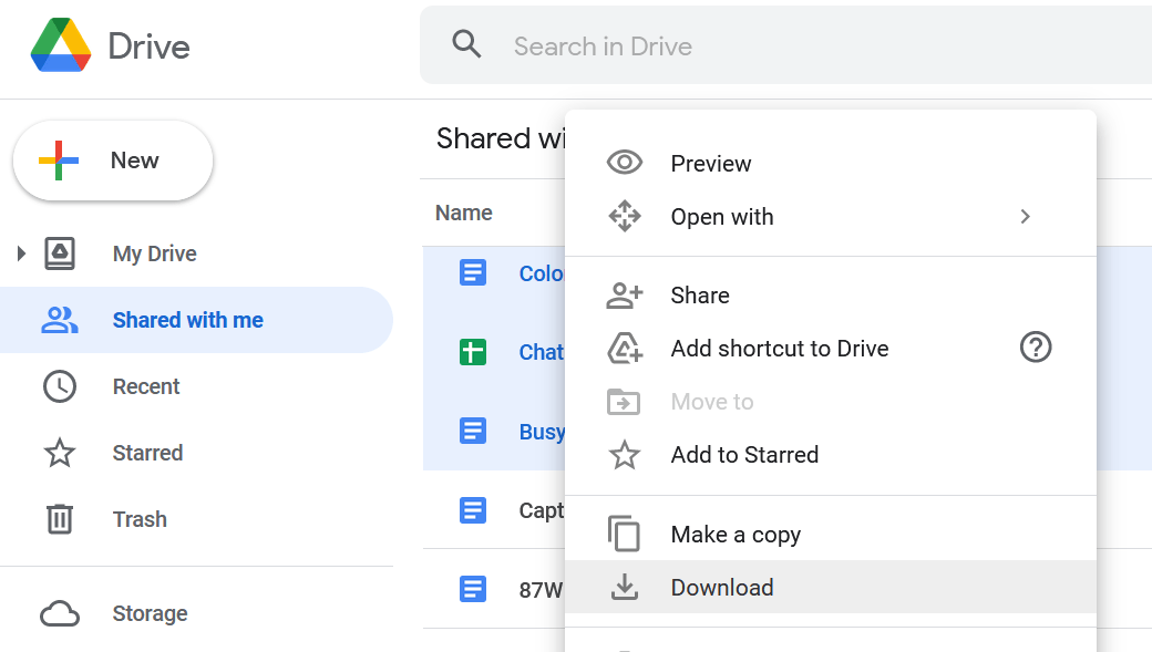 Step 3 of the manual download and upload of Drive files. The download menu in Google Drive