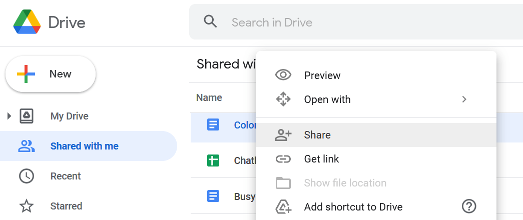 Step 3 of the re-sharing process. The 'Share' option menu in Google Drive