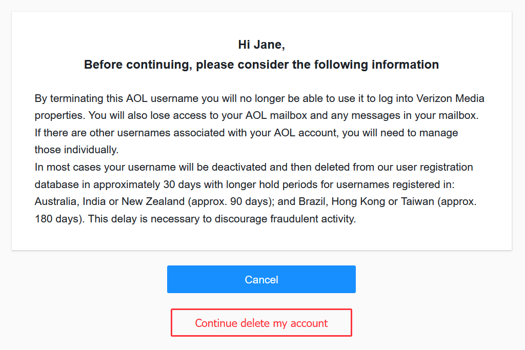 The menu for requesting cancellation of an AOL account