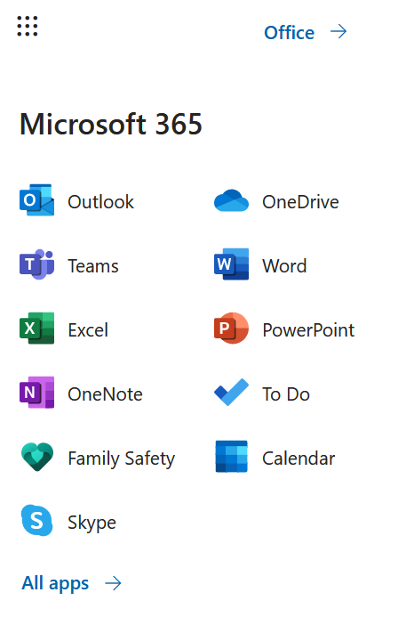 A list of all Microsoft apps as shown by OneDrive