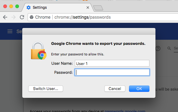 Export Passwords operating system dialog permission