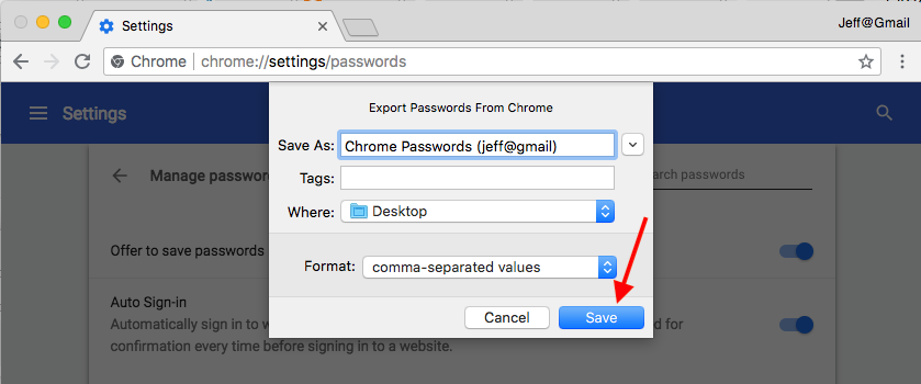 Save as system dialog export chrome passwords