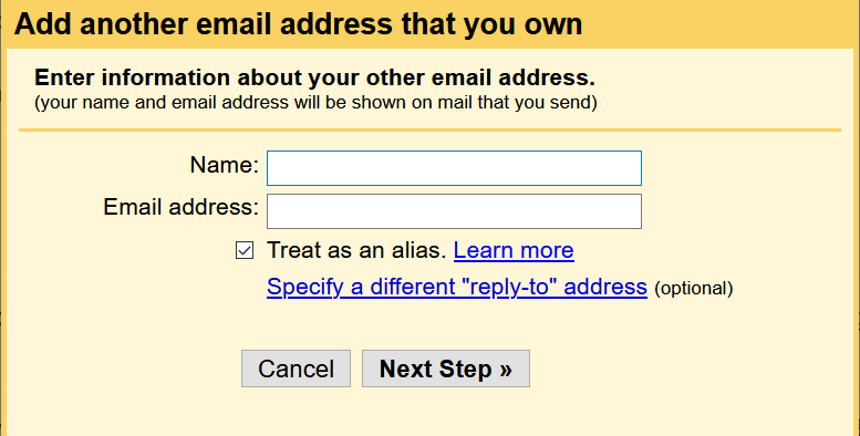 Step 4 of adding a secondary sending address in Gmail