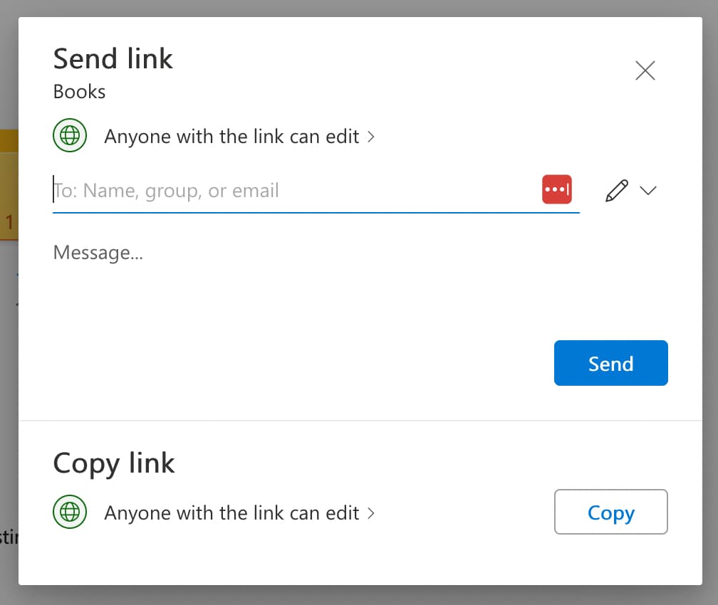 The menu for adding an email address for sharing OneDrive items
