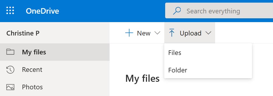 The menu for uploading files to OneDrive