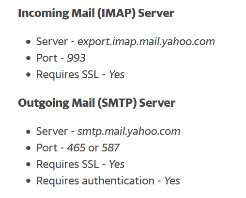 IMAP/SMTP settings for Yahoo