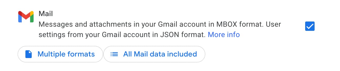 The menu for including Gmail in a Google Takeout export