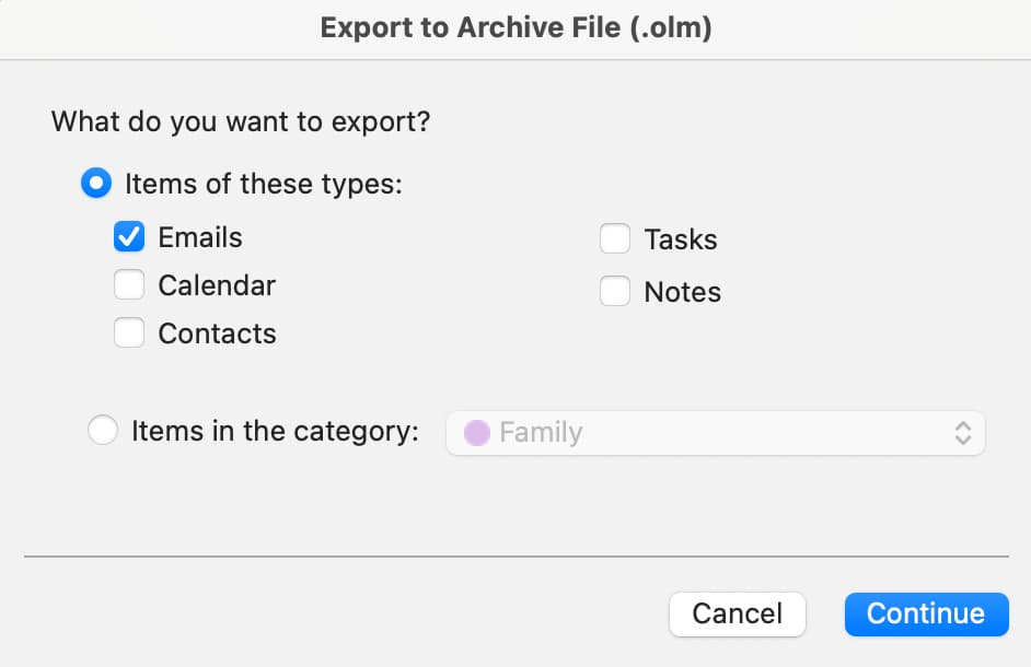 The menu for exporting emails from Gmail in Outlook