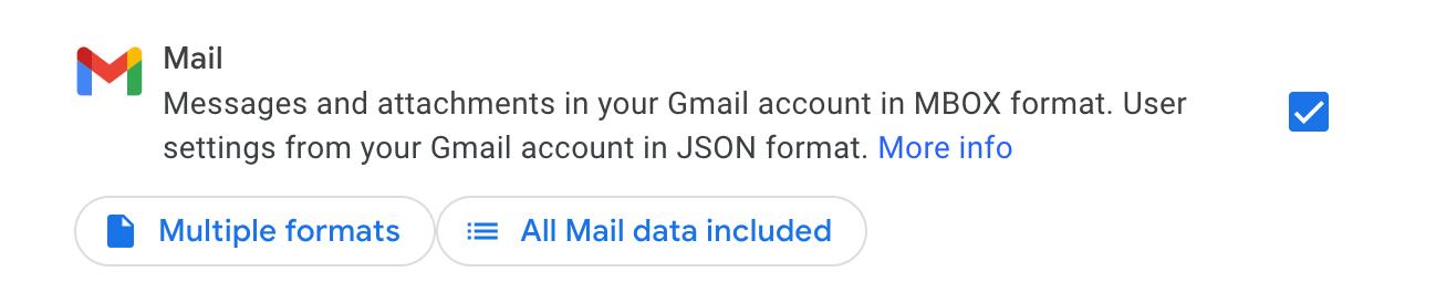 The menu for including Gmail in the Google Takeout archive