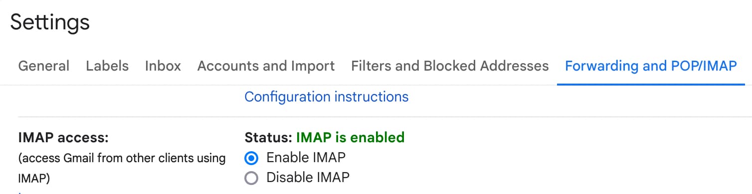 Menu for enabling IMAP in Gmail