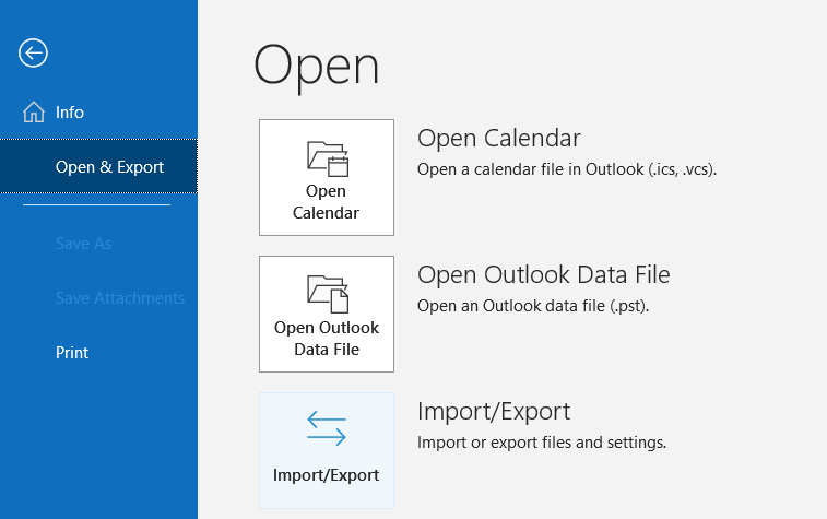 Step 1 of migrating Outlook to Gmail. The menu for exporting a .pst file from the Outlook app.