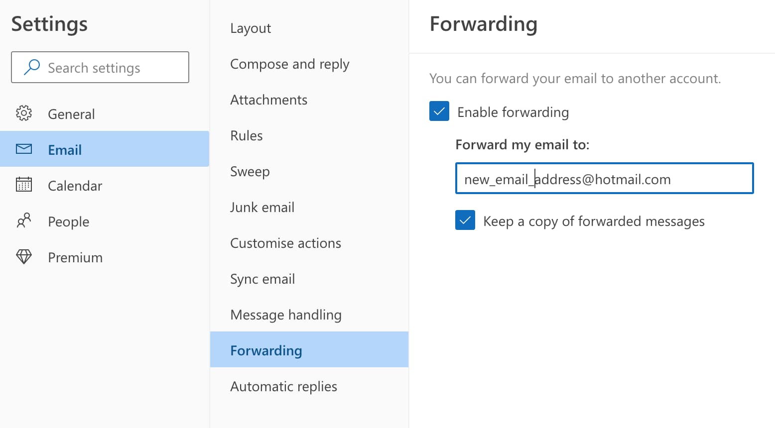The menu for setting up forwarding rules in Hotmail