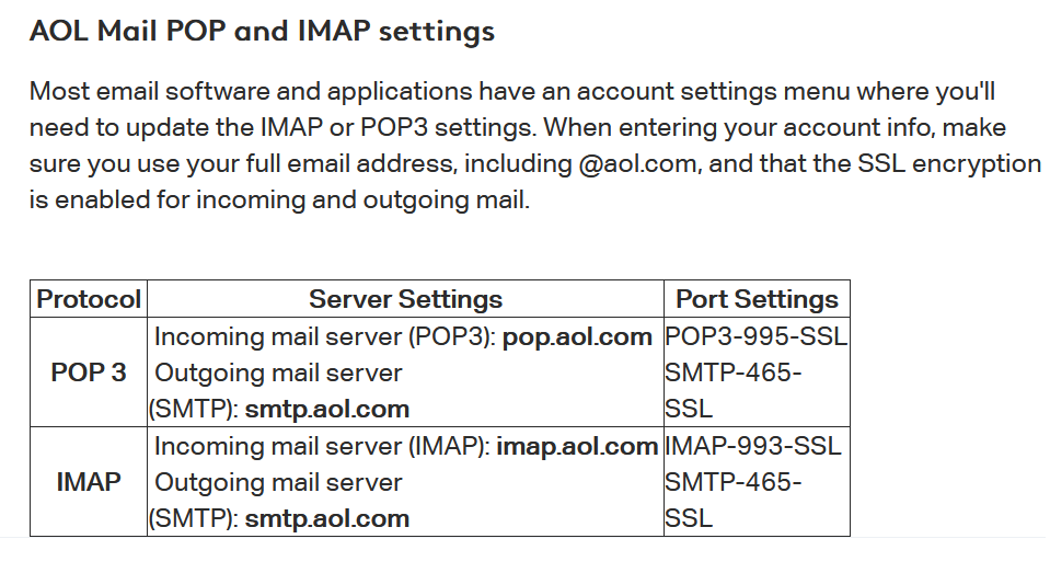 IMAP settings for connecting an AOL account