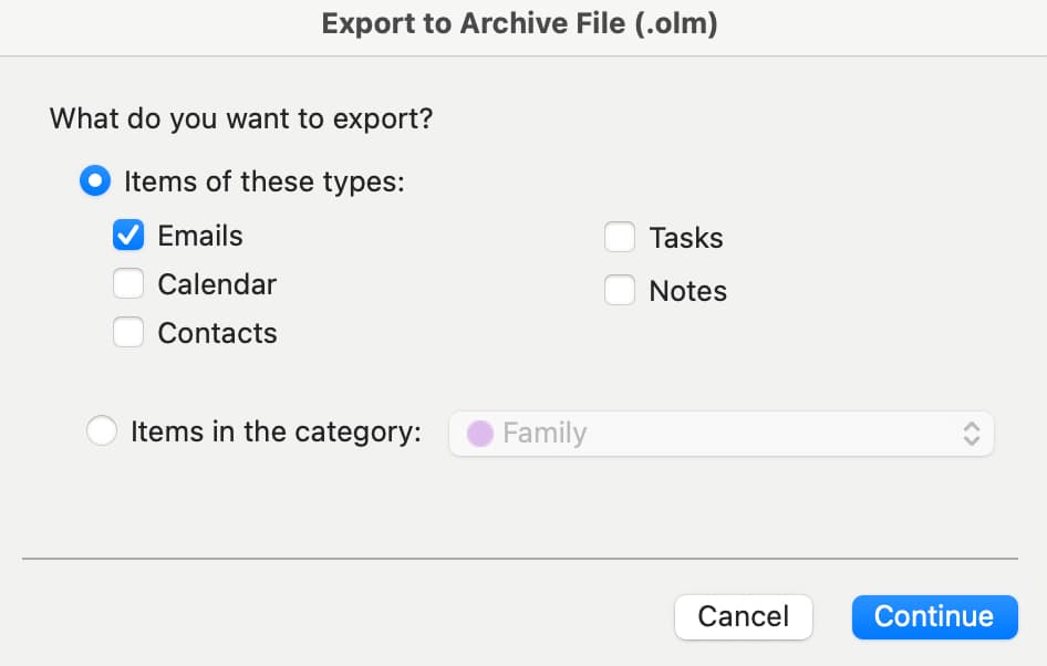 The menu for exporting mail in Outlook for desktop