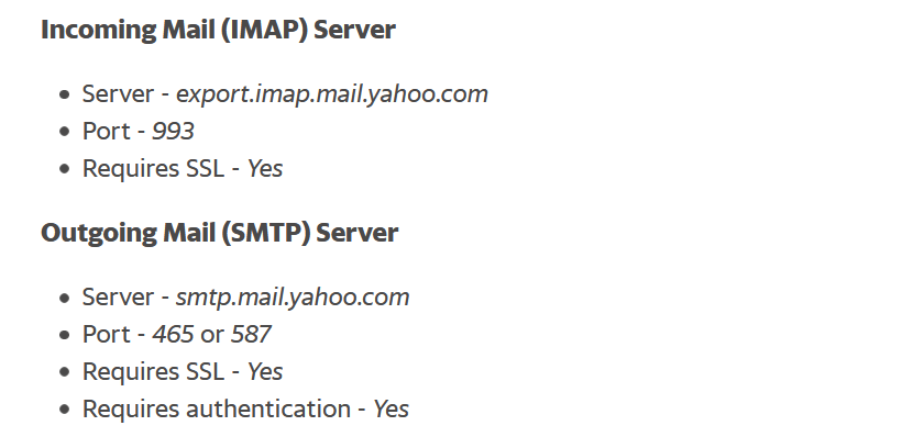 IMAP/SMTP settings for connecting a Yahoo account